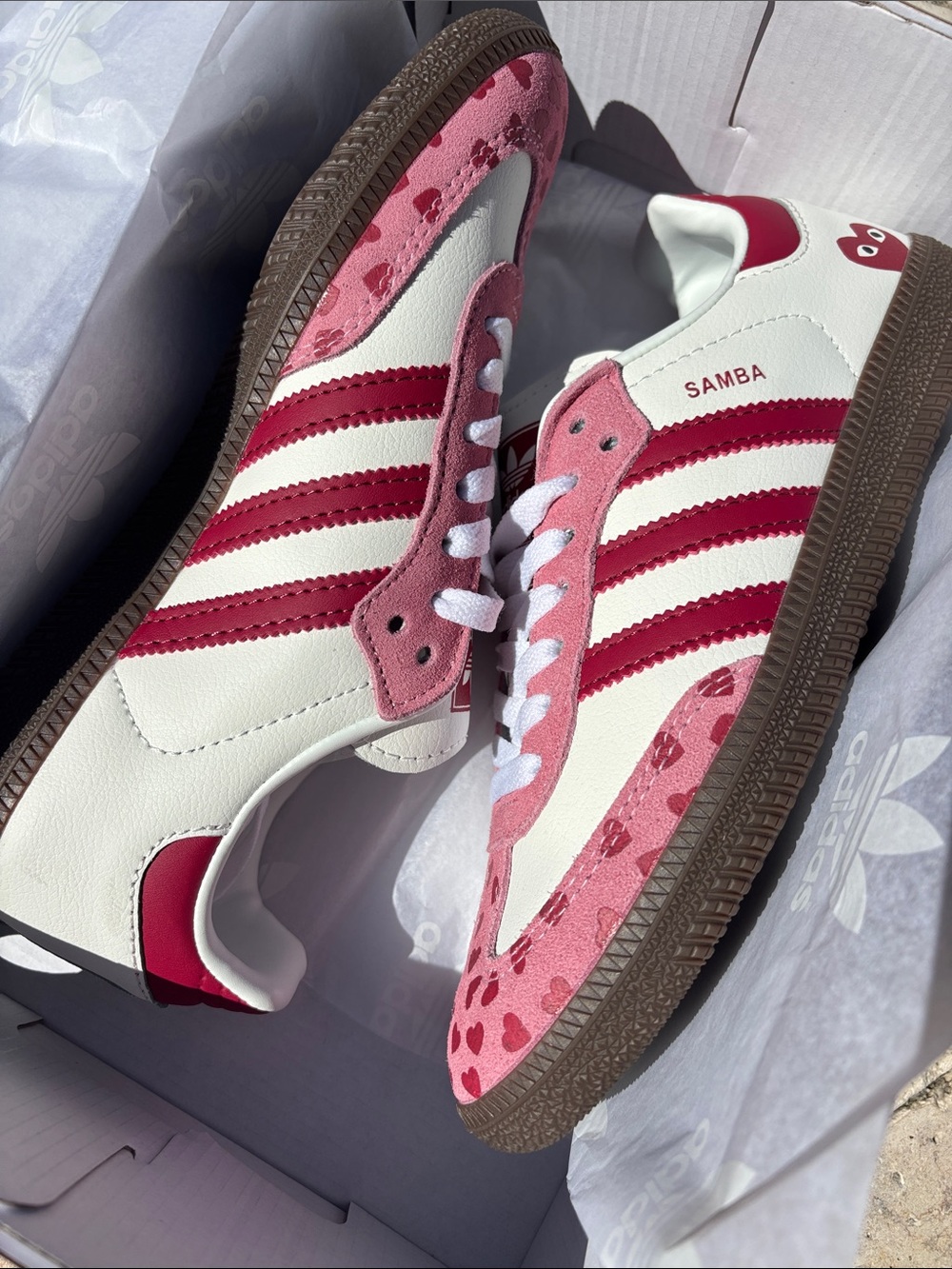 Adidas Samba White and Pink Heart-Print Sneakers COMME des GARÇONS collab 6.5